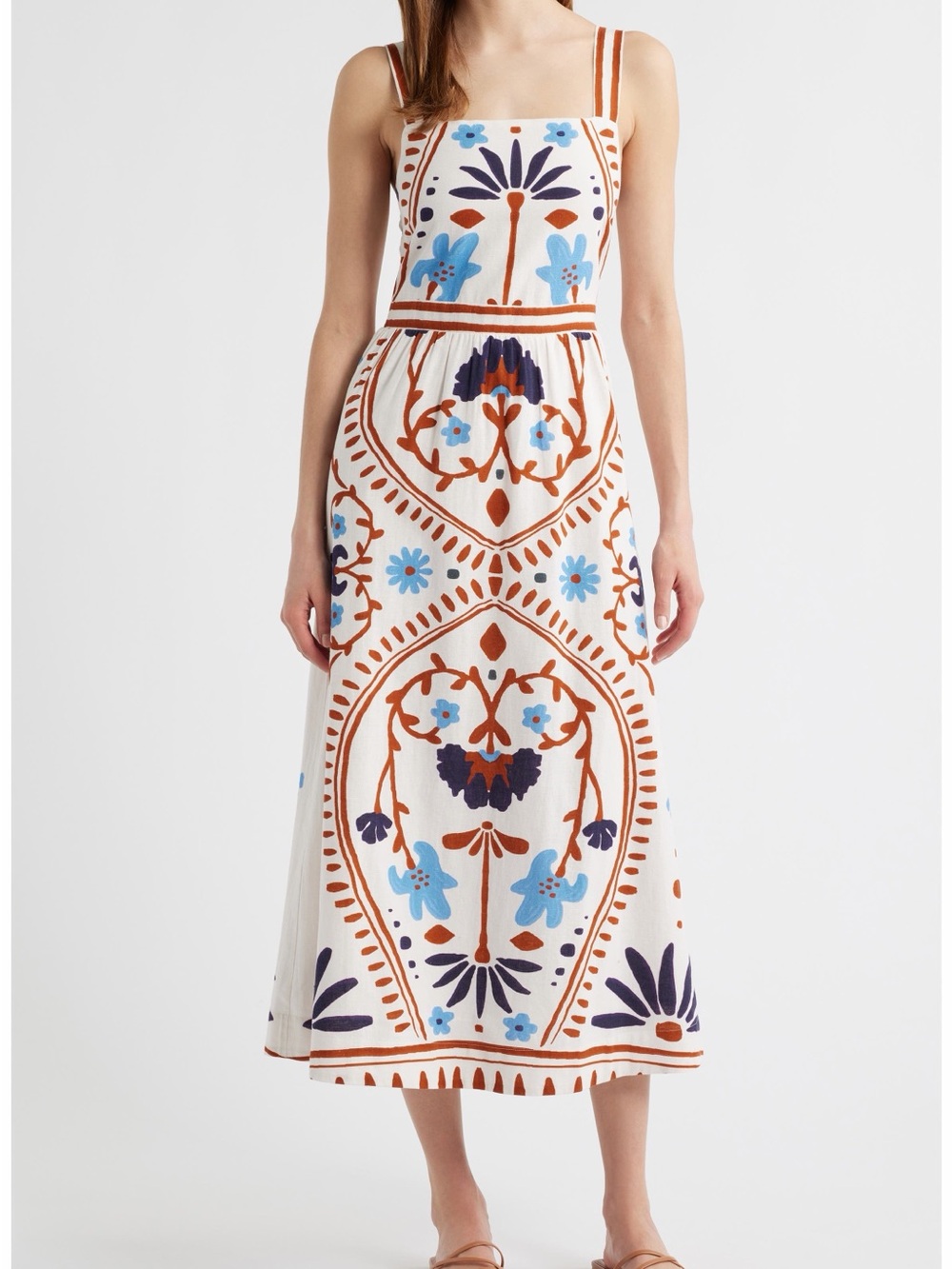 Mixed Print Cotton & Linen Midi Dress